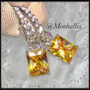 NEW WHITE GOLD CITRINE CANARY EMERALD CUT EARRINGS w SIMULATED DIAMONDS